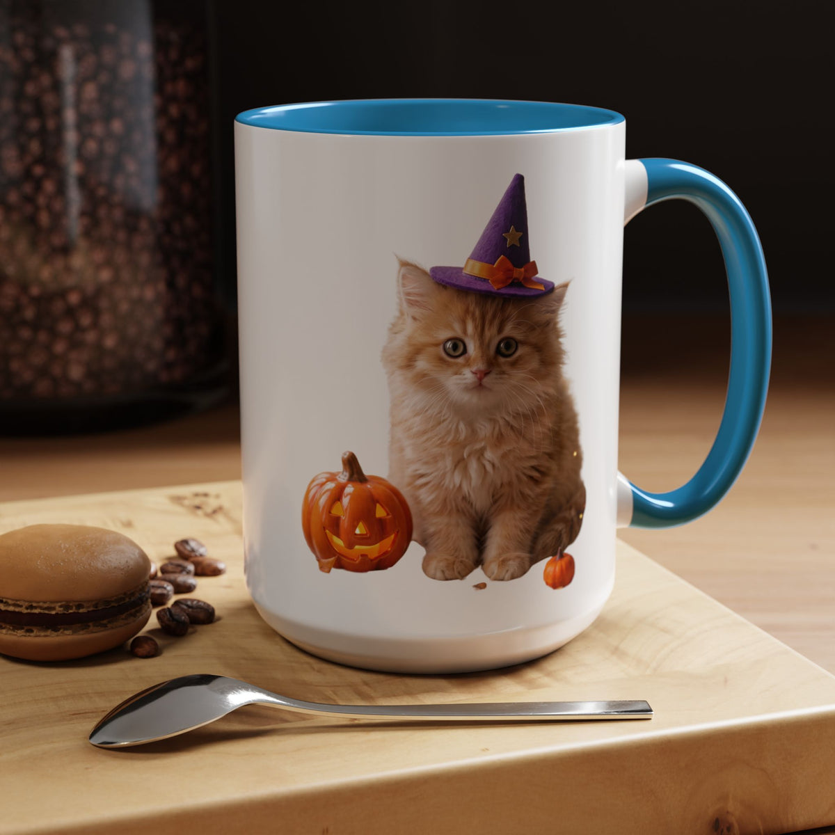 Halloween Cat Coffee Mug with Witch Hat and Pumpkin