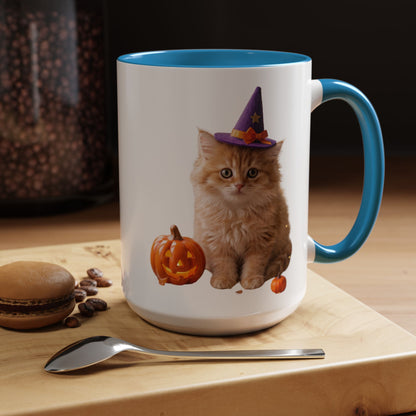 Halloween Cat Coffee Mug with Witch Hat and Pumpkin