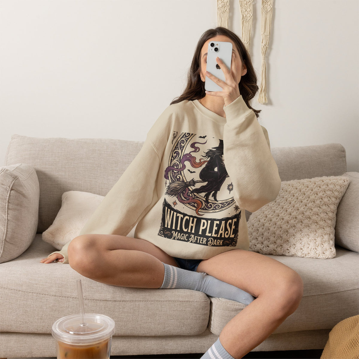 Witch Please Crewneck Sweatshirt — 'Magic After Dark' Witch Silhouette on Crescent Moon