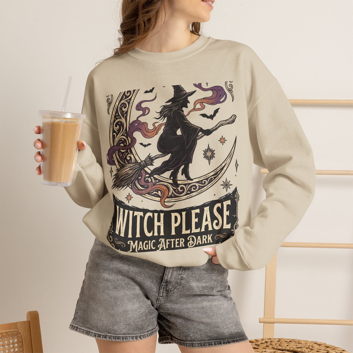 Witch Please Crewneck Sweatshirt — 'Magic After Dark' Witch Silhouette on Crescent Moon