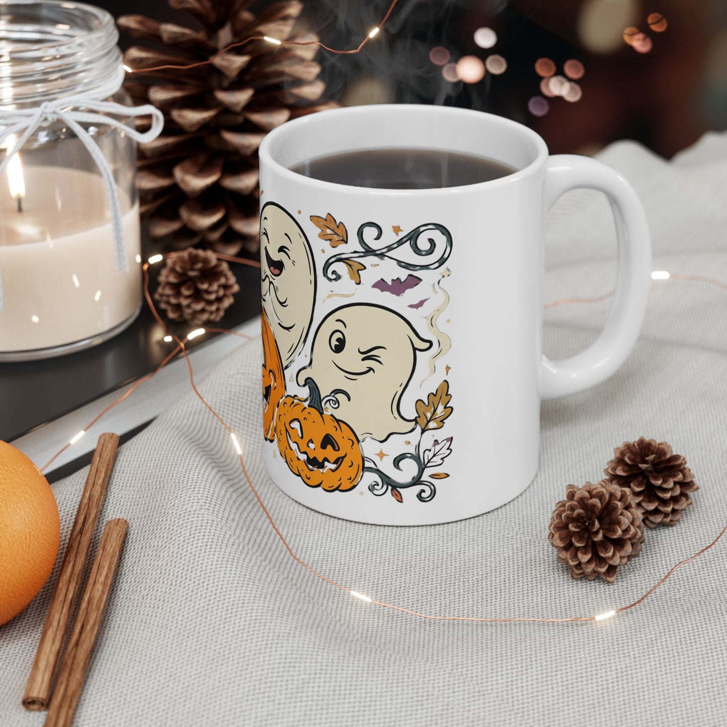 Halloween Pumpkin & Ghost Ceramic Mug — Cute Spooky Fall Coffee Cup (11oz/15oz)
