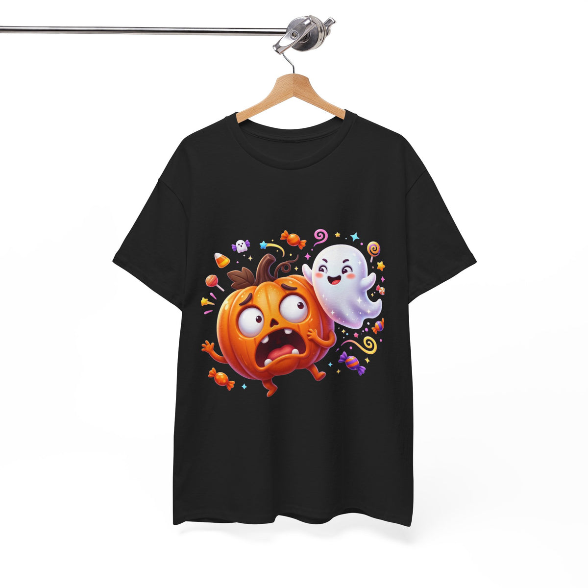 Cute Halloween Pumpkin & Ghost Tee — Scared Pumpkin Candy Graphic T-Shirt