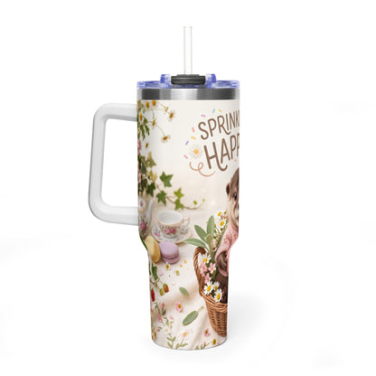 40oz Tumbler – “Sprinkled with Happiness” Puppy Floral Drink Cup