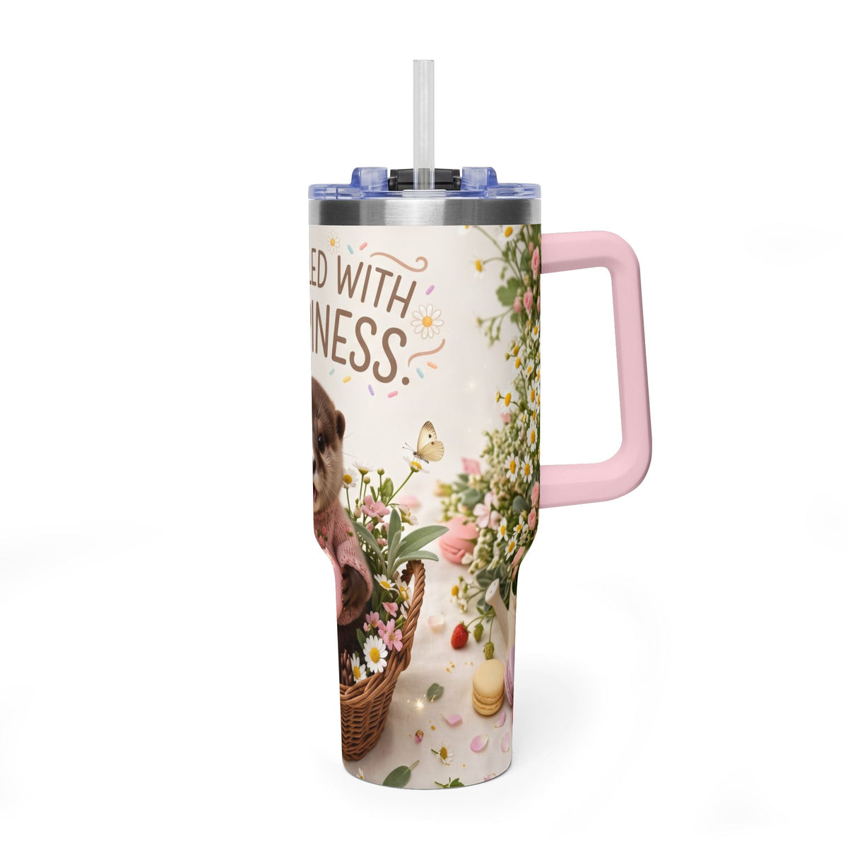 40oz Tumbler – “Sprinkled with Happiness” Puppy Floral Drink Cup