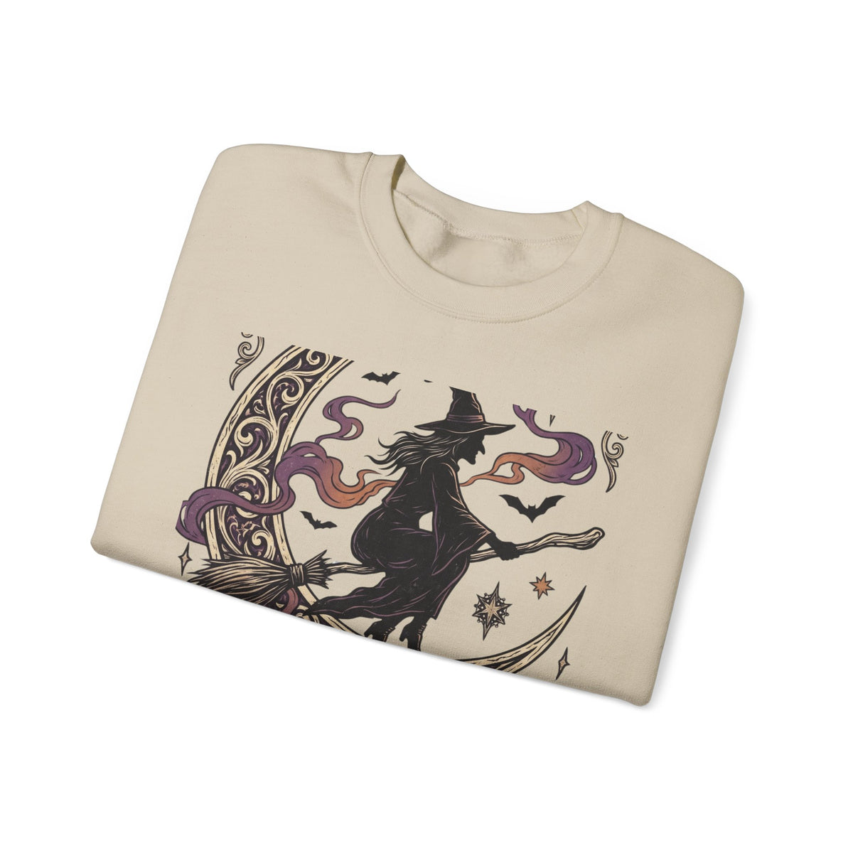 Witch Please Crewneck Sweatshirt — 'Magic After Dark' Witch Silhouette on Crescent Moon