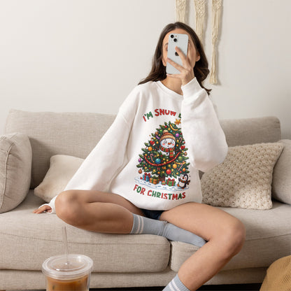 Christmas Sweatshirt – "I’m Snow Excited for Christmas" Cute Snowman Tree Holiday Crewneck