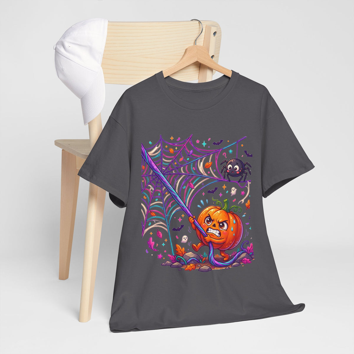 Pumpkin Spider Web Halloween T‑Shirt — Cute Spooky Pumpkin Cartoon Tee