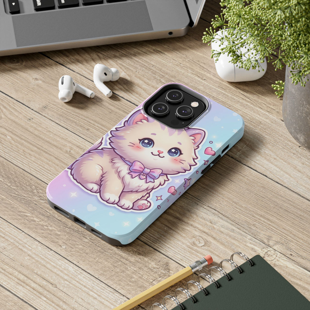 Cute Pastel Kawaii Kitten Tough Phone Case — Cute Cat with Bow Protective Cover