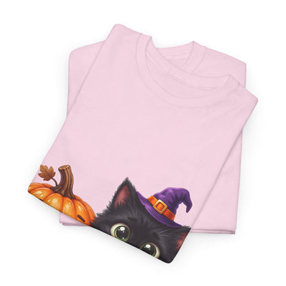 Halloween Black Cat & Pumpkin T‑Shirt — Cute Witch Hat Kitty Fall Tee