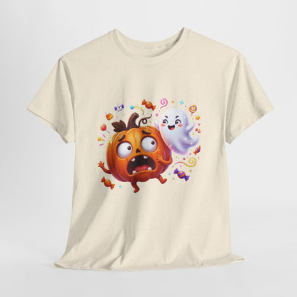 Cute Halloween Pumpkin & Ghost Tee — Scared Pumpkin Candy Graphic T-Shirt