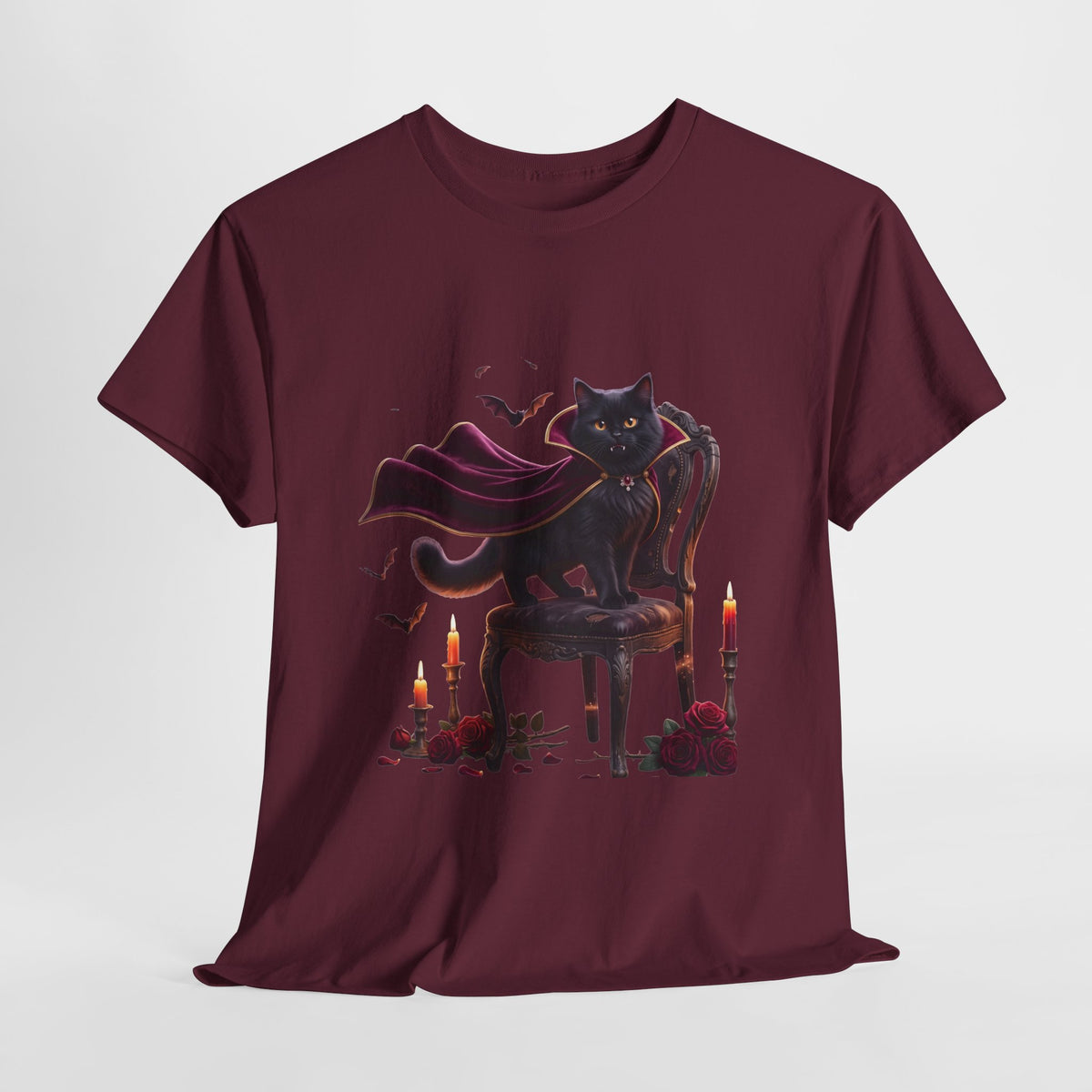 Vampire Cat Tee — Gothic Black Cat with Cape & Candles T-Shirt