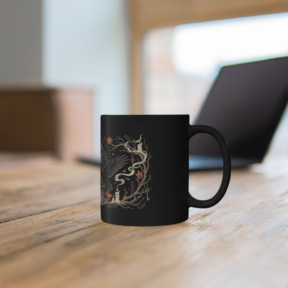 Gothic Raven & Cage Black Coffee Mug — Dark Nature 11oz/15oz