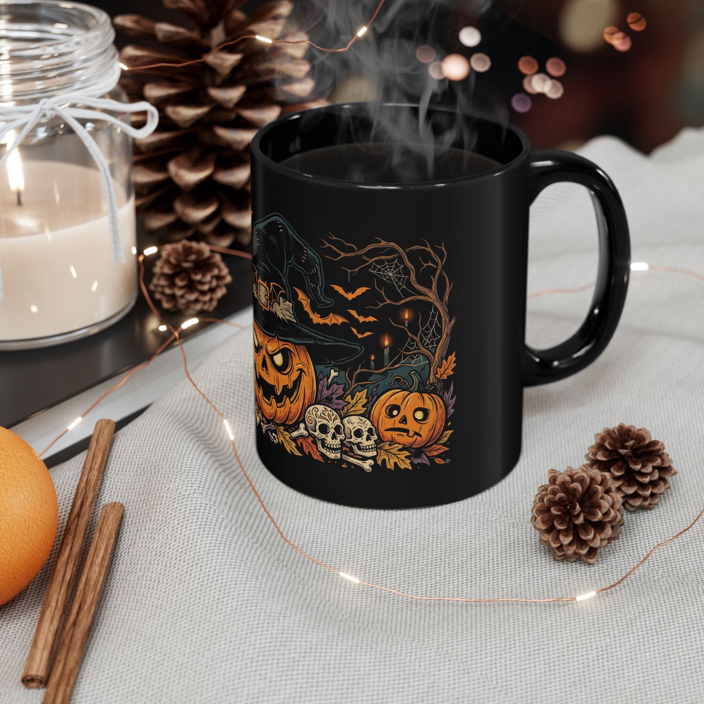 Halloween Pumpkin Witch Black Mug — Spooky Jack-o'-Lantern Coffee Cup (11oz/15oz)