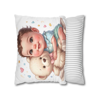 Baby & Teddy Square Pillowcase - Cute Infant Nursery Decorative Throw Pillow