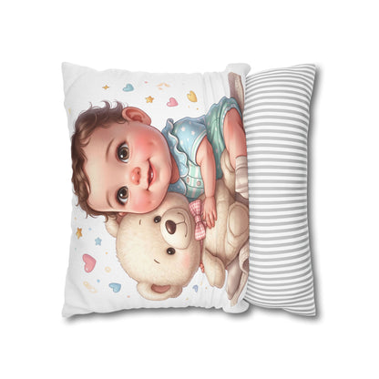 Baby & Teddy Square Pillowcase - Cute Infant Nursery Decorative Throw Pillow