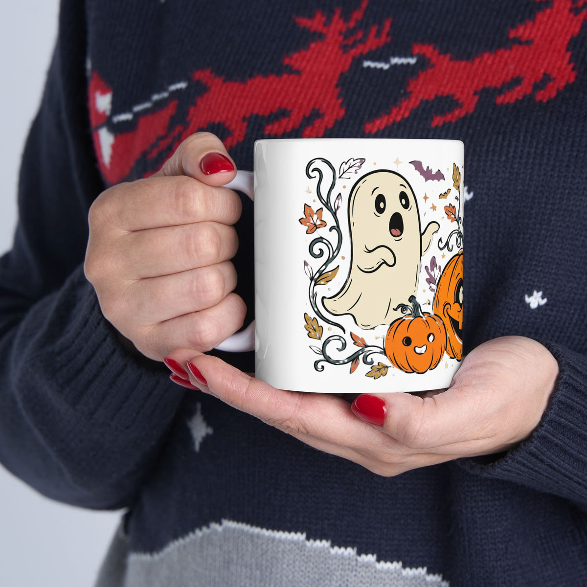 Halloween Pumpkin & Ghost Ceramic Mug — Cute Spooky Fall Coffee Cup (11oz/15oz)