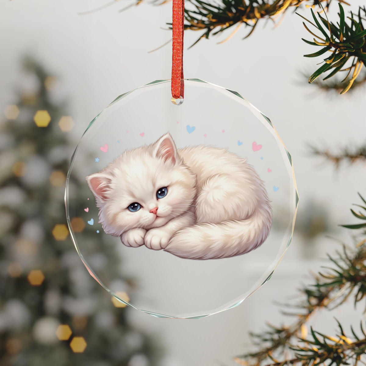 Glass Ornament — Cute Sleeping Kitten Holiday Ornament (Hearts)