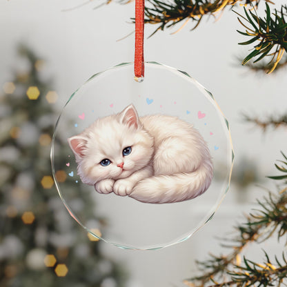 Glass Ornament — Cute Sleeping Kitten Holiday Ornament (Hearts)