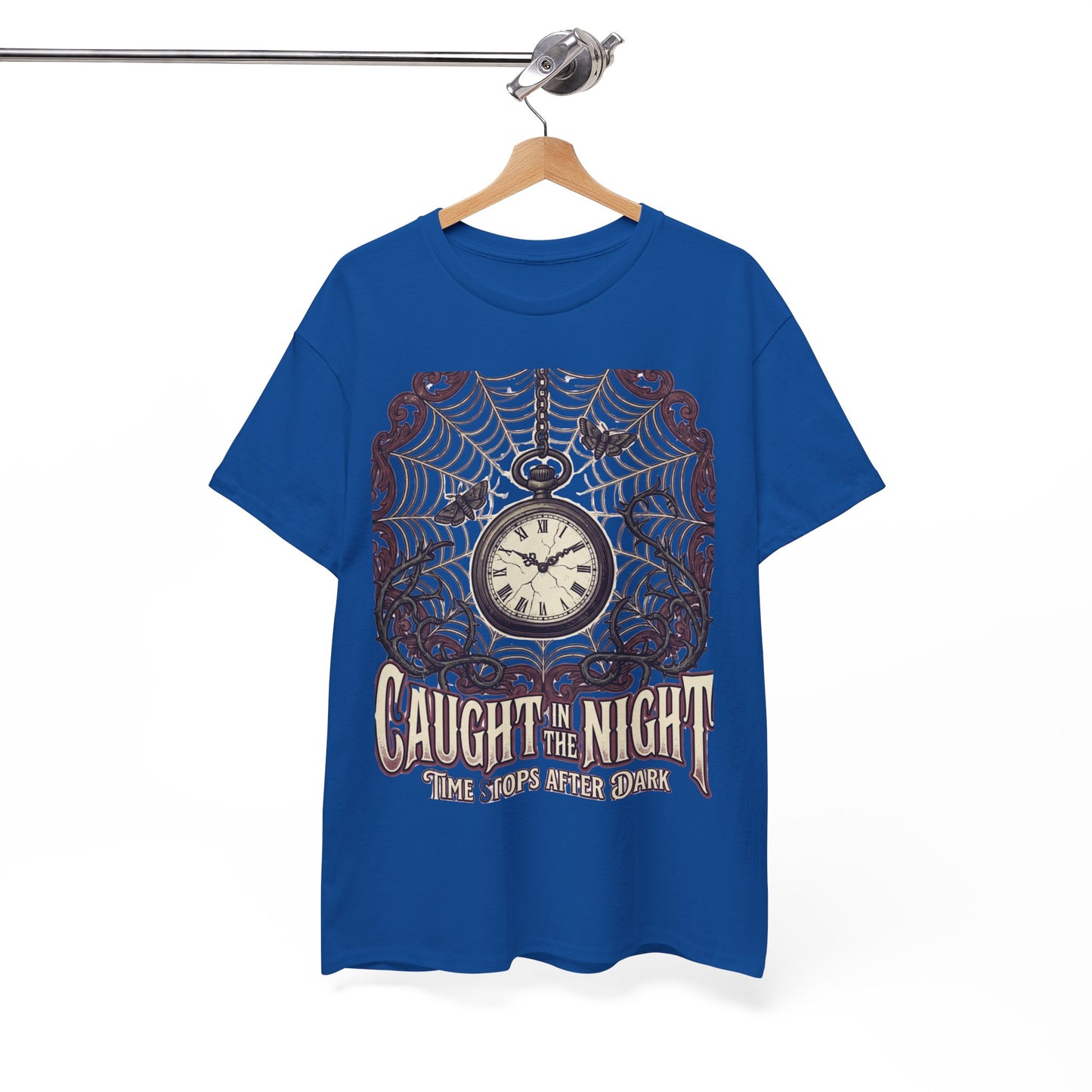 Caught in the Night Pocket Watch Tee — Gothic Spiderweb Vintage Clock T‑Shirt