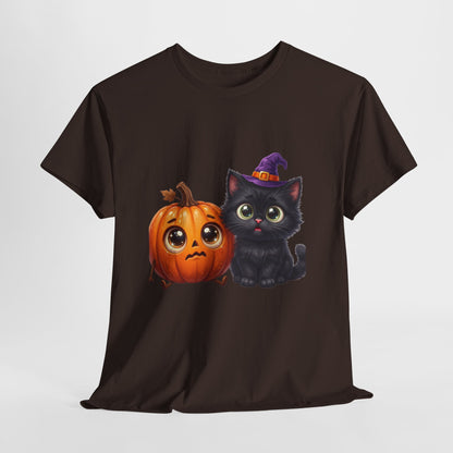 Halloween Black Cat & Pumpkin T‑Shirt — Cute Witch Hat Kitty Fall Tee
