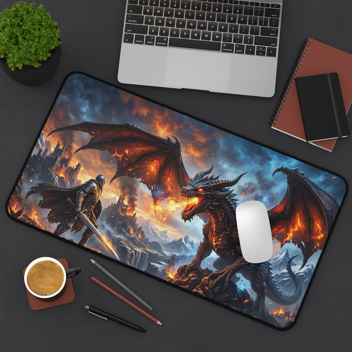 Dragon Battle Desk Mat — Fantasy Warrior vs. Fire Dragon Gaming Mouse Pad