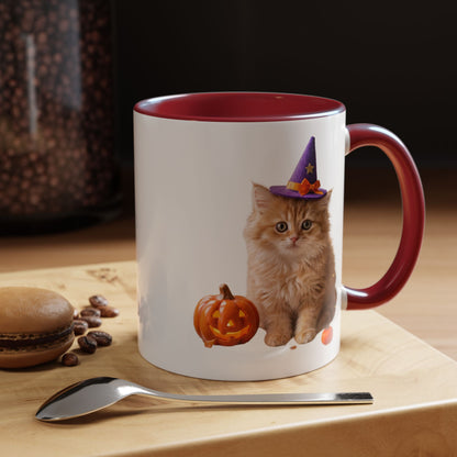Halloween Cat Coffee Mug with Witch Hat and Pumpkin