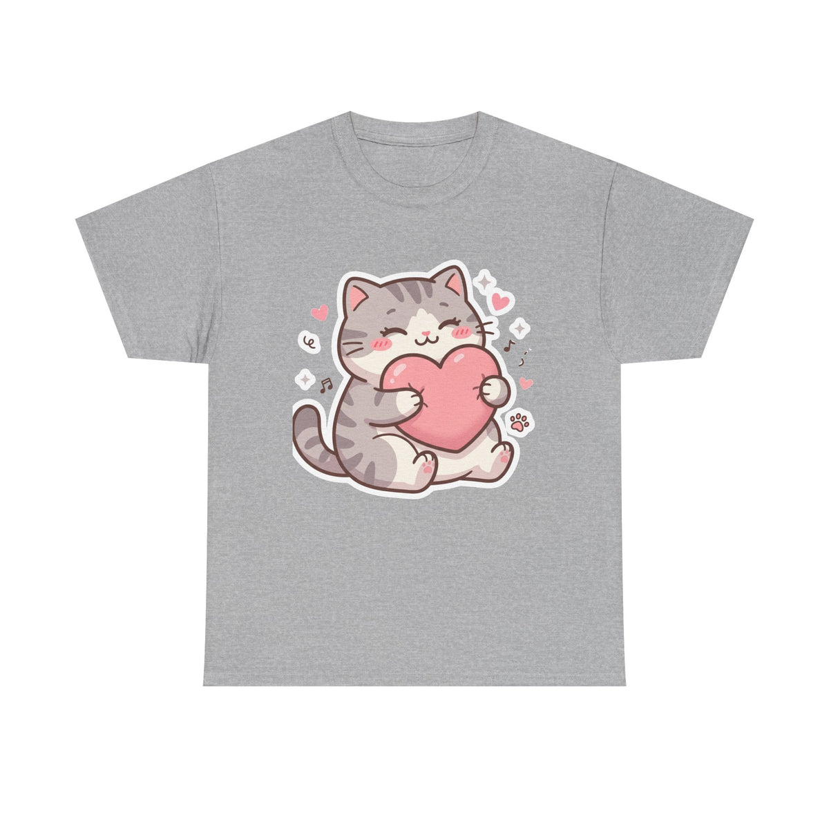 Cute Cat Hugging Heart T-Shirt — Kawaii Valentine Kitty Tee