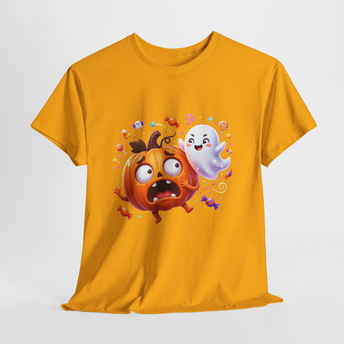 Cute Halloween Pumpkin & Ghost Tee — Scared Pumpkin Candy Graphic T-Shirt