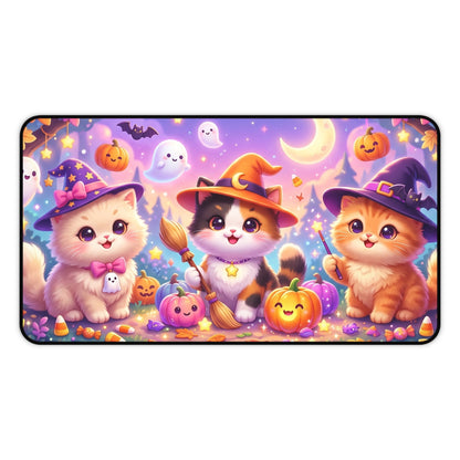 Halloween Kittens Desk Mat — Cute Witch Cat Pumpkins Gaming Mouse Pad