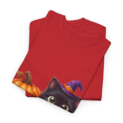 Halloween Black Cat & Pumpkin T‑Shirt — Cute Witch Hat Kitty Fall Tee