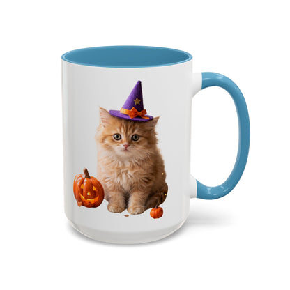 Halloween Cat Coffee Mug with Witch Hat and Pumpkin