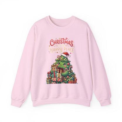 Christmas Happy Place Crewneck Sweatshirt — Cute Kawaii Tree & Gifts Holiday Sweatshirt