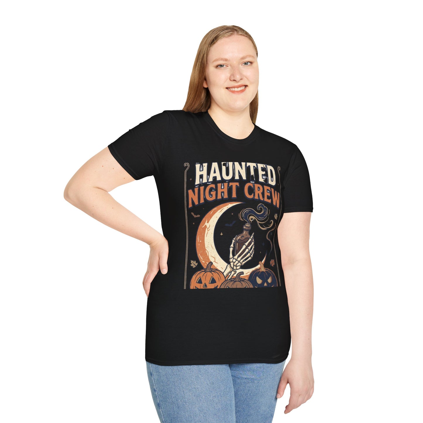 Haunted Night Crew T-Shirt — Retro Halloween Skeleton & Pumpkin Tee
