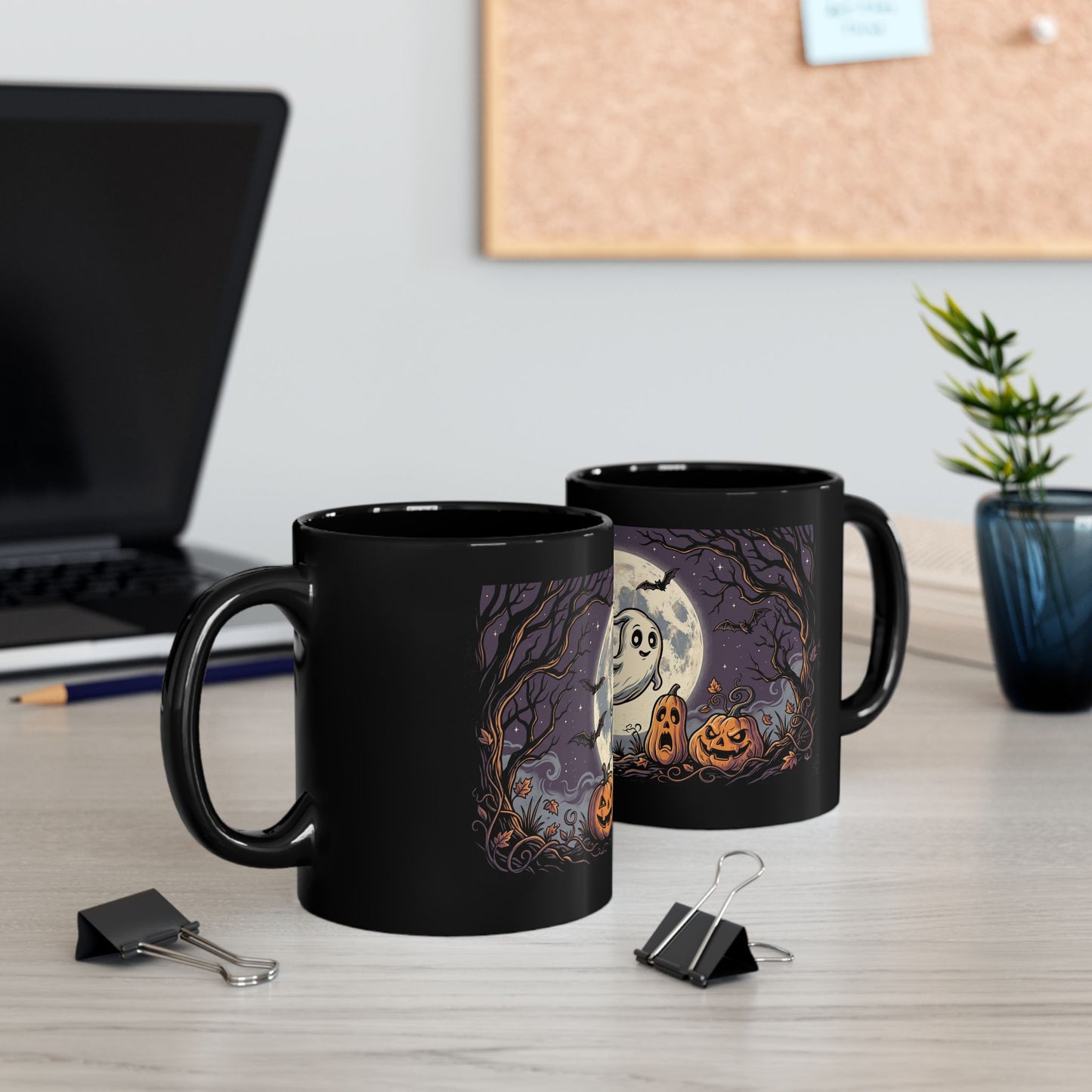 Halloween Ghost & Jack-o'-Lantern Black Mug (11oz, 15oz)