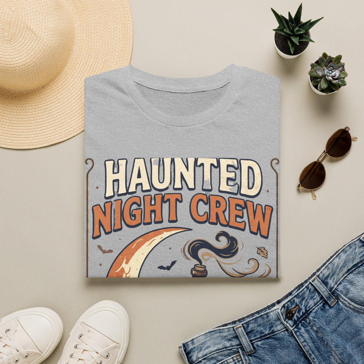 Haunted Night Crew T-Shirt — Retro Halloween Skeleton & Pumpkin Tee