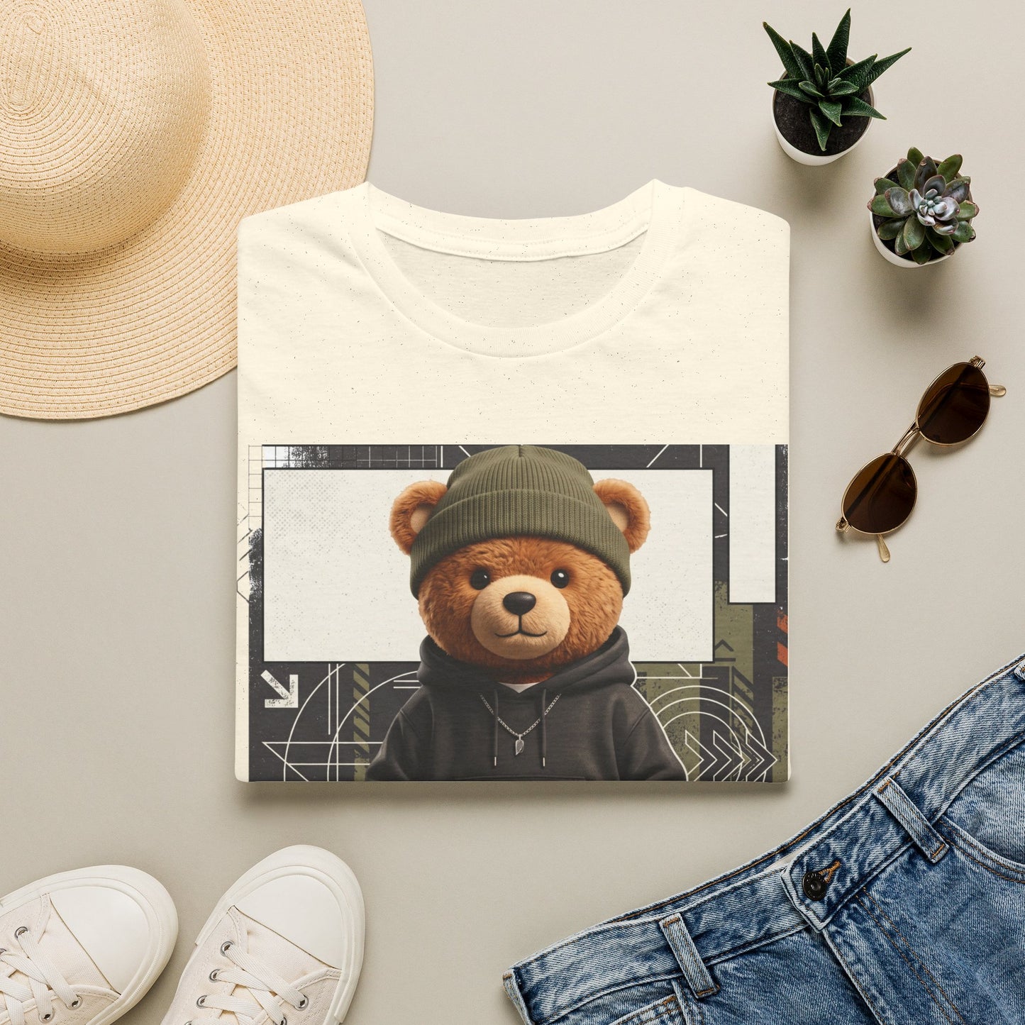 Teddy Bear Graphic T-Shirt — Streetwear Teddy in Beanie & Hoodie