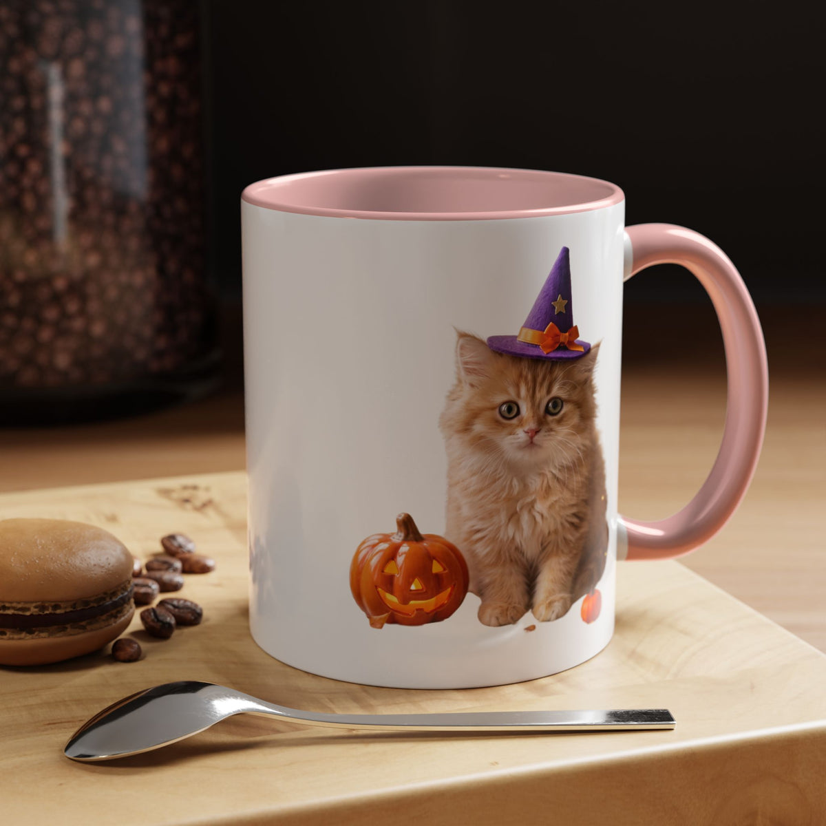 Halloween Cat Coffee Mug with Witch Hat and Pumpkin