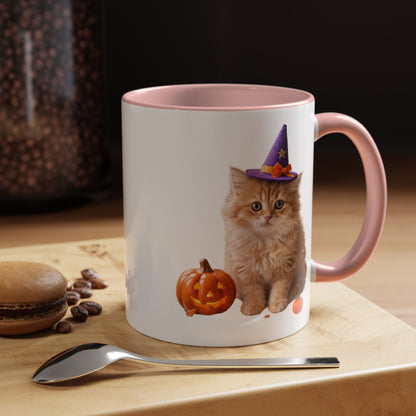 Halloween Cat Coffee Mug with Witch Hat and Pumpkin