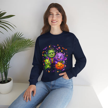 Halloween Monster Crewneck Sweatshirt — Cute Frankenstein, Vampire & Pumpkin Design