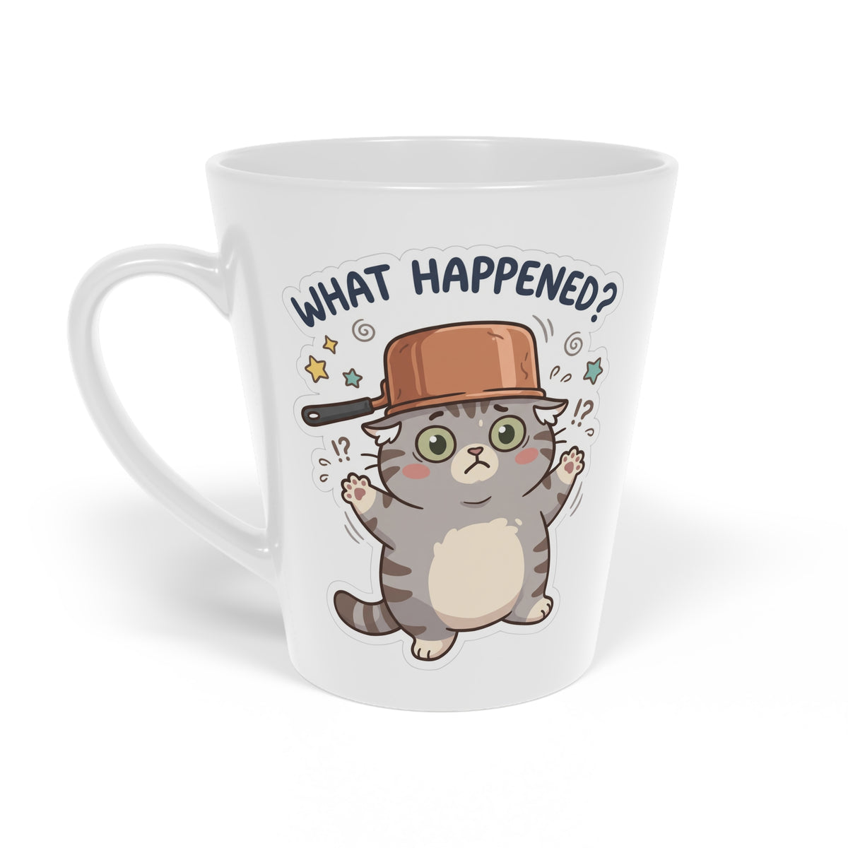 Latte Mug — Cute Cat 'What Happened?' Coffee Cup, 12oz