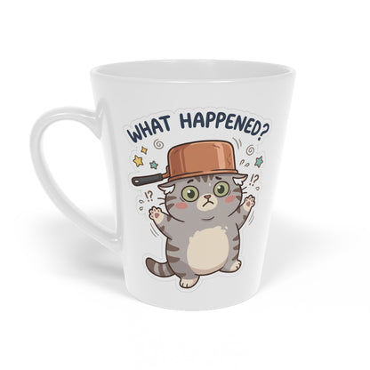 Latte Mug — Cute Cat 'What Happened?' Coffee Cup, 12oz