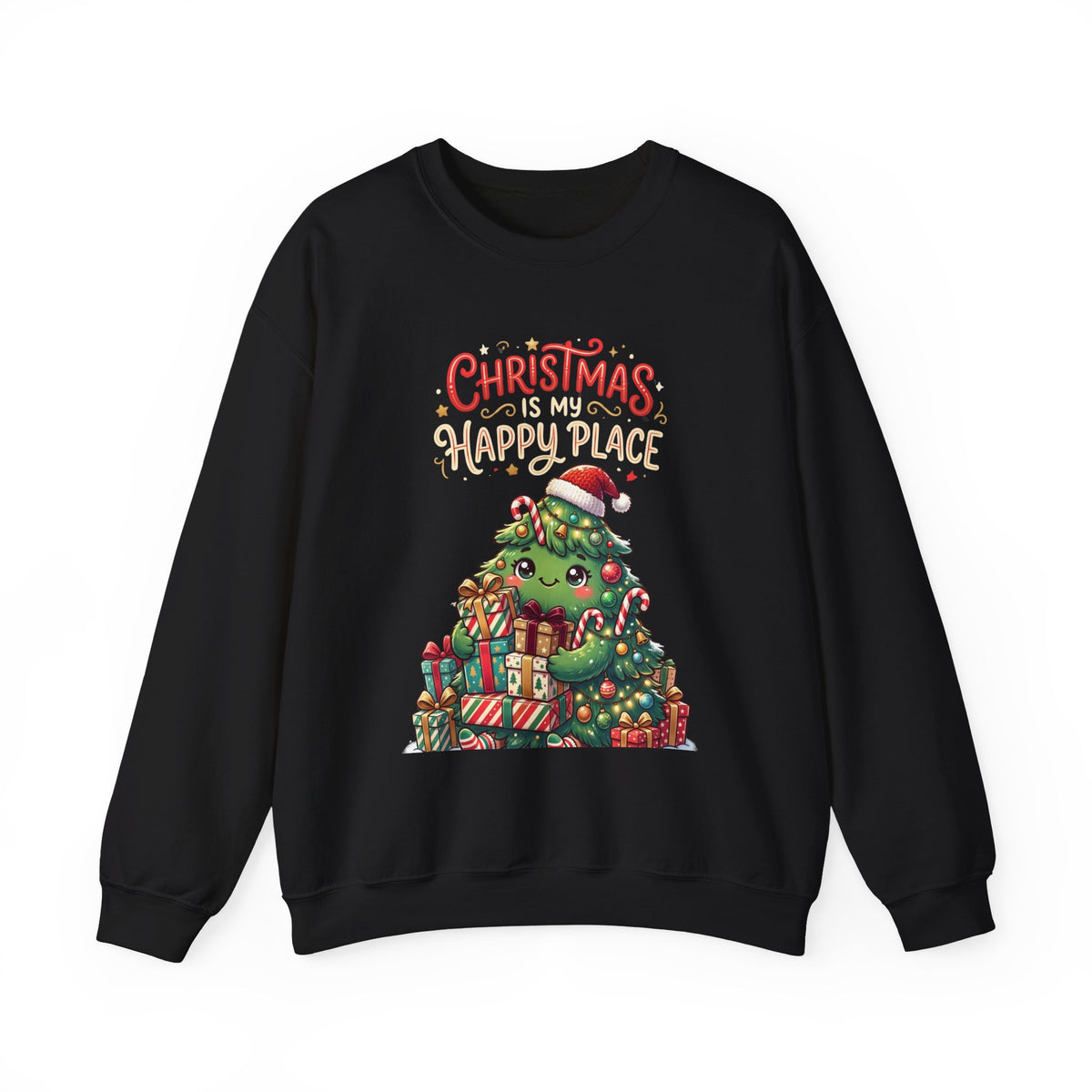 Christmas Happy Place Crewneck Sweatshirt — Cute Kawaii Tree & Gifts Holiday Sweatshirt