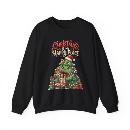 Christmas Happy Place Crewneck Sweatshirt — Cute Kawaii Tree & Gifts Holiday Sweatshirt