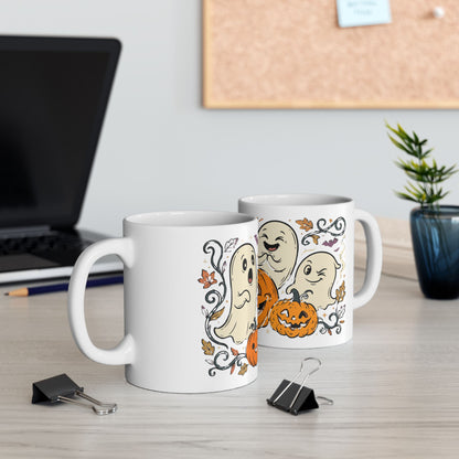 Halloween Pumpkin & Ghost Ceramic Mug — Cute Spooky Fall Coffee Cup (11oz/15oz)