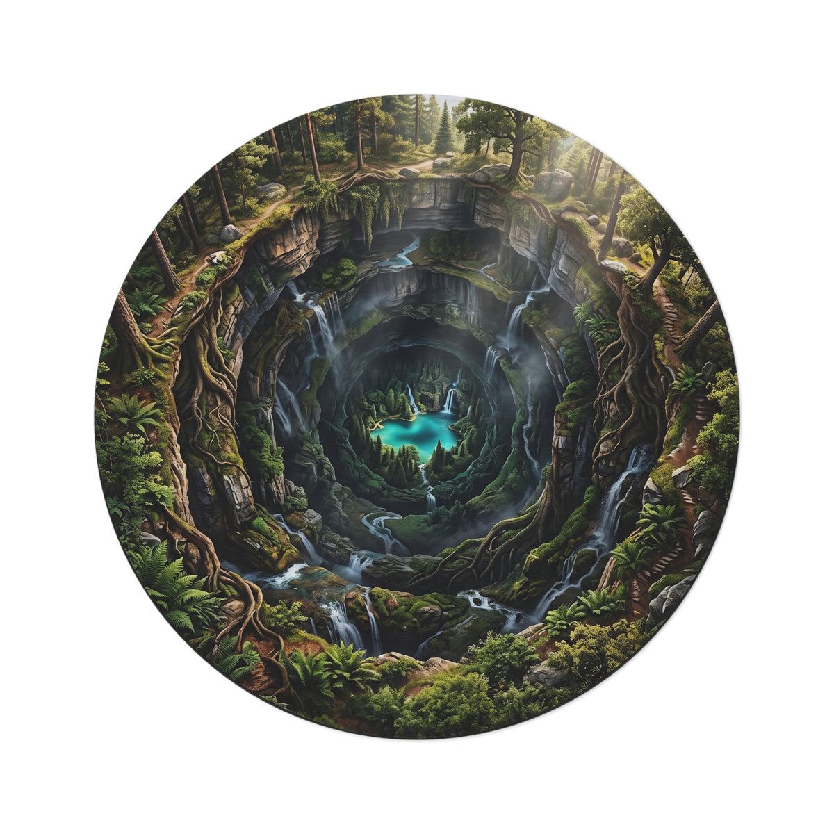 Mystic Sinkhole Round Rug — Forest Oasis Fantasy Floor Mat