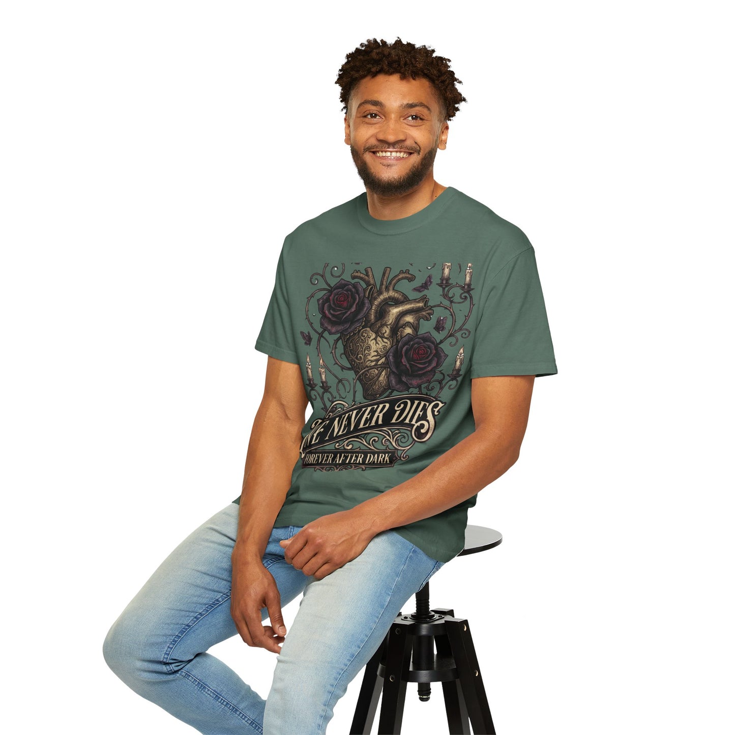 Love Never Dies Heart T-Shirt — Gothic Rose "Forever After Dark" Tee