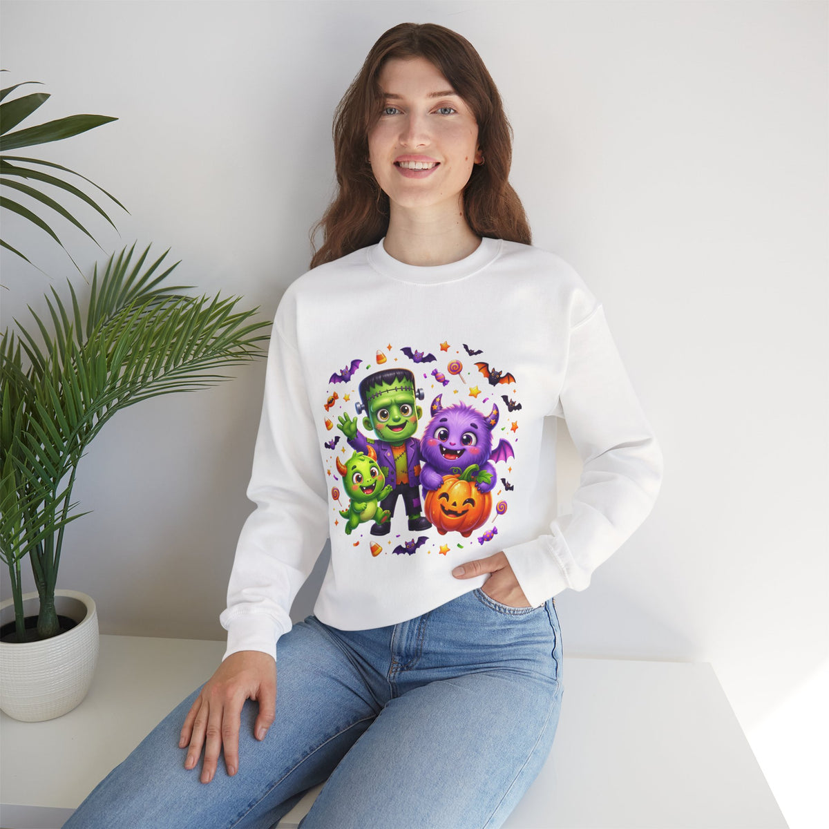 Halloween Monster Crewneck Sweatshirt — Cute Frankenstein, Vampire & Pumpkin Design