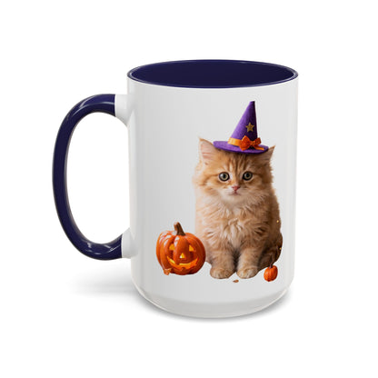 Halloween Cat Coffee Mug with Witch Hat and Pumpkin