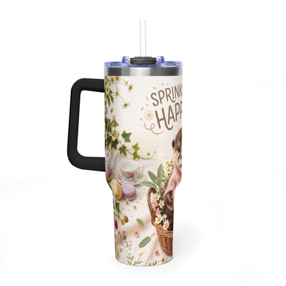 40oz Tumbler – “Sprinkled with Happiness” Puppy Floral Drink Cup