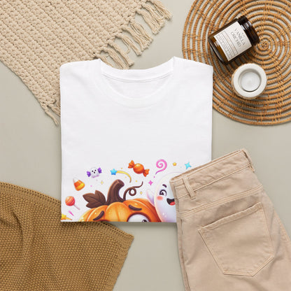 Cute Halloween Pumpkin & Ghost Tee — Scared Pumpkin Candy Graphic T-Shirt